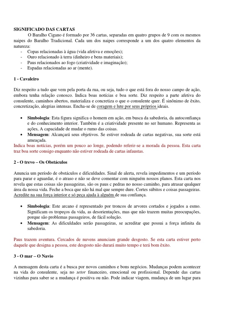 Baralho Cigano - Significado Das Cartas, PDF, Vermelho